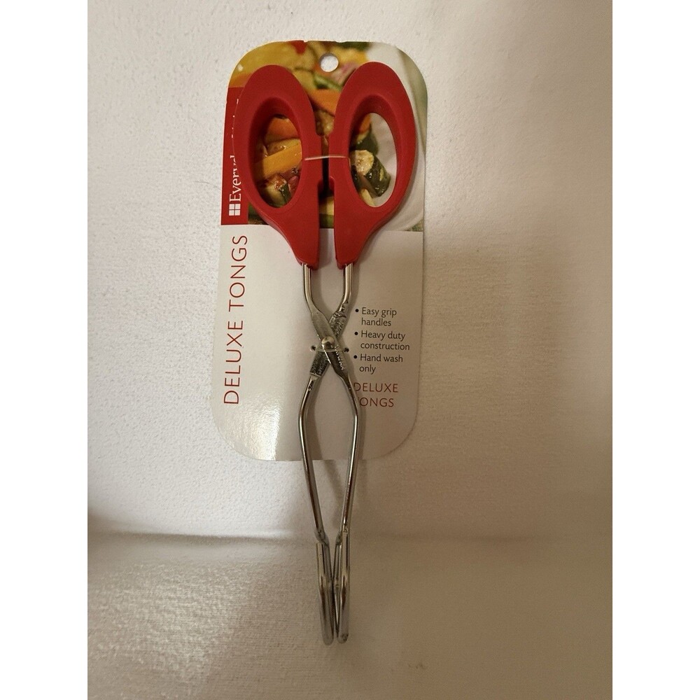 Everyday Deluxe Tongs Red Easy Grip Handles Heavy Duty Plastic Metal Kitchen